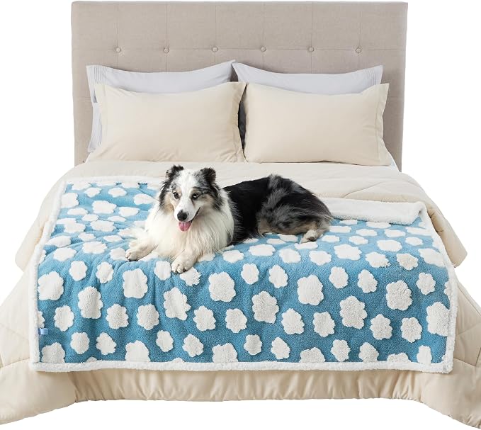 LE SURE Waterproof Dog Blankets for Large Dogs Cute Cozy 3D Jacquard,50x60 | Warm Soft Pet Blanket for Senior Dogs Aesthetic Gift, Washable Sherpa Throw, Reversible Couch Protector, Clouds Blue
