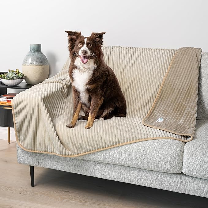 PetAmi Waterproof Dog Blanket, Leakproof Pet Blanket for Small Medium Large Dogs, Reversible Furniture Bed Sofa Couch Cover Protector, Plush Striped Pet Throw for Indoor Cat, 29x40 in, Taupe Beige