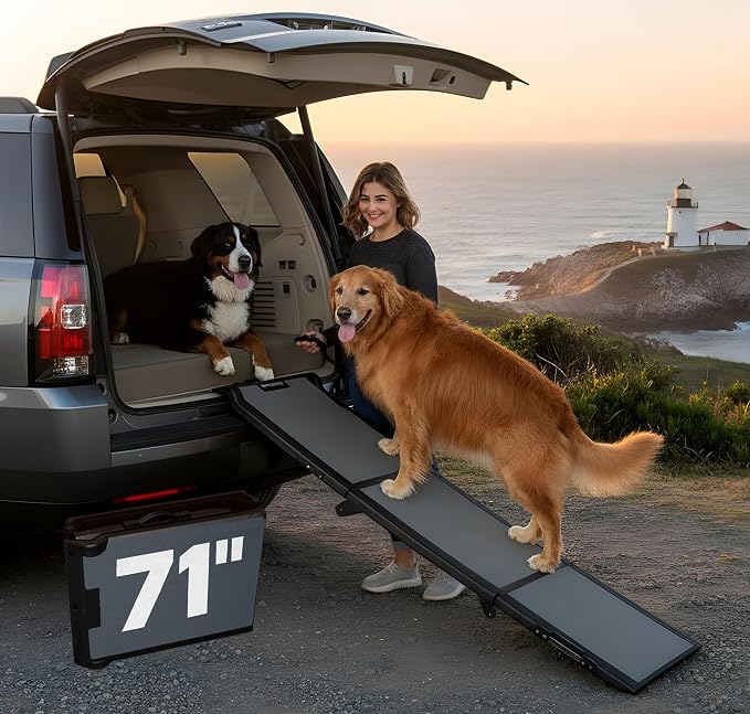 Pet Gear Tri-Fold Portable Pet Ramp for Dogs/Cats, 71" Long, Titanium | Extra Wide, Holds up to 200lbs, Compact/Easy Fold with Safety Tether