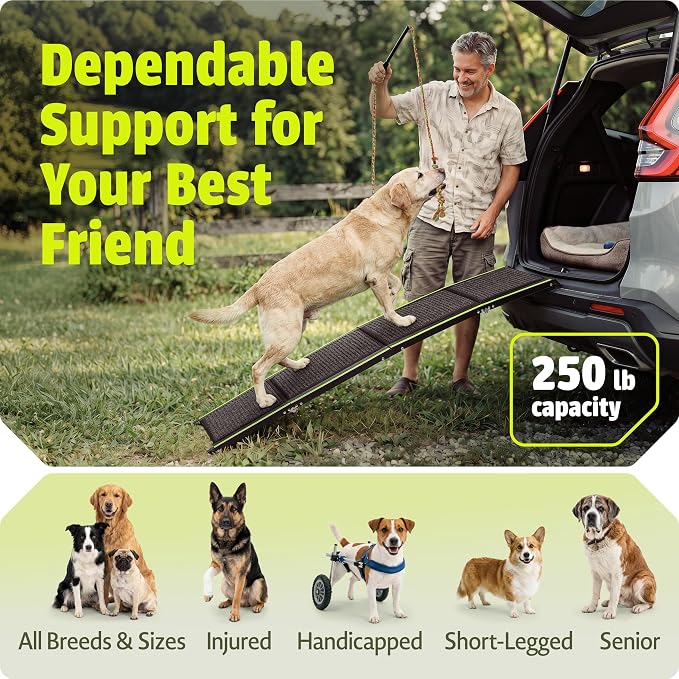Foldable Dog Ramp for Cars, Trucks & SUV - 63” Long, 250 LB Capacity | Reflective Edges, Flirt Pole and Built-in Carry Handle Included.