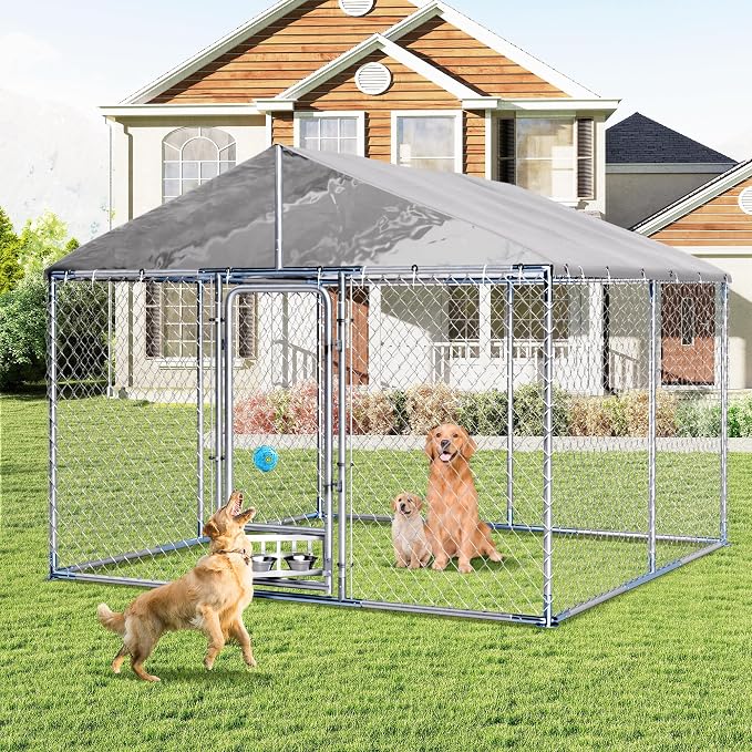 Grepatio 10x10 FT Outdoor Dog Kennel with Roof, Outside Dog Enclosure with 2 Rotating Feeder Bowls, Dog Kennel Dog Playpen Fence for Large Dogs with Secure Lock (10x10 FT)