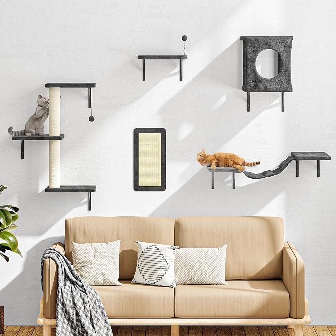 5 Pcs Cat Wall Shelves Set, Wall-Mounted Climber with Cat House, Scratching Post, Bridge, Hammock, Space-Saving Play Furniture, Gray