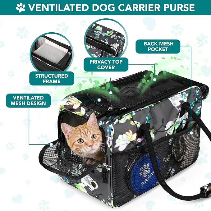 PetAmi Dog Purse Carrier for Small Dogs Cats, TSA Airline Approved Soft-Sided Pet Carrier with Pockets, Ventilated Travel Tote Bag with Bed & Shoulder Strap, Puppy Kitten, Max 12 lbs, Floral Gray