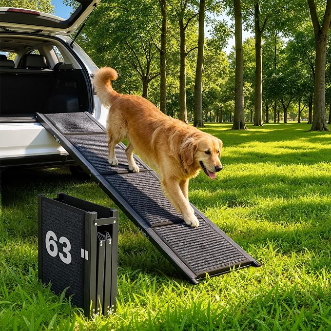 VEVOR Dog Ramp for Cars, 63" L x 17" W, Folding Pet Ramps for Medium & Large Dogs up to 250lbs, Pet Stair Ramp with Non-Slip Felt Rug Surface, Portable Outdoor Dog Car Ramps for SUV & Truck