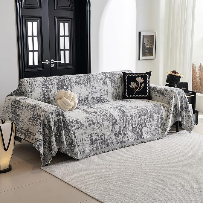 MYSKY HOME Boho Couch Cover for Dogs Washable Deep Grey Abstract Couch Sofa Protector for Loveseat Sofa Pets Friendly Chenille Geometric Sofa Covers Soft Durable Farmhouse Sofa Slipcovers, 91" X118"