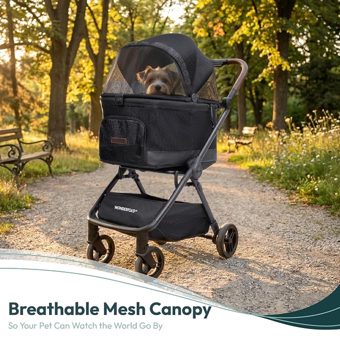 WonderFold Bella Pet Stroller - Autofold Design with Lightweight Aluminum Frame, Breathable Carriage Fabrics and Canopy, Safety Tethers & Easy-Clean Interior - Graphite Black