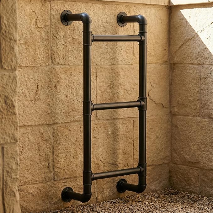 Black 3-Rung Window Well Ladder, 3FT Egress Wall Mounted Ladder for Indoor Climb Use, Wall/Floor Mountable Iron Step for Loft, Basement, Blanket Rack, Farmhouse, Space-Saving