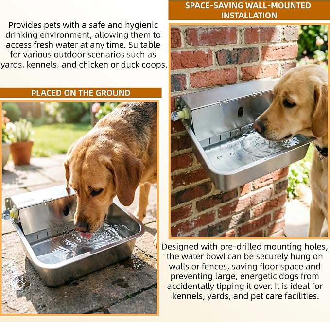 Stainless Steel Automatic Pet Waterer with Flip-Top & Wall Mount | Outdoor Auto-Fill Water Bowl with Adjustable Float,Wide Drinking Area,Easy To Clean,for Dogs,Chickens & Other Poultry