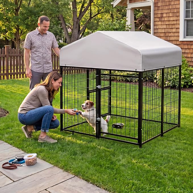 Dog Kennel Outdoor Enclosure with Roof, 4x4x4.6 FT Heavy Duty Outside Dog Run for Yard, Dog Crate Playpen with UV-Resistant Waterproof Cover