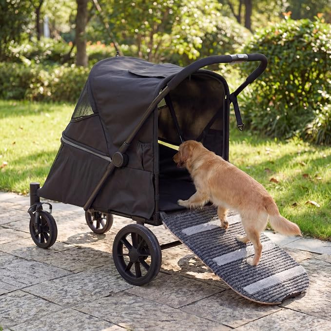 LAUSAINT HOME 4 Wheels Pet Stroller, Foldable Oversized Dog Stroller for Medium & Large Dogs with Built-in Access Ramp, Lightweight Dog Cat Carrier with Breathable Mesh Cover, Khaki