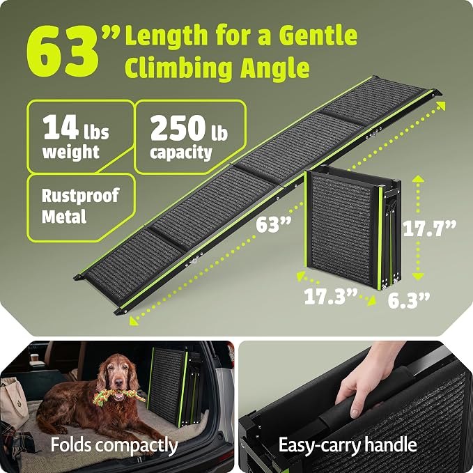 Foldable Dog Ramp for Cars, Trucks & SUV - 63” Long, 250 LB Capacity | Reflective Edges, Flirt Pole and Built-in Carry Handle Included.