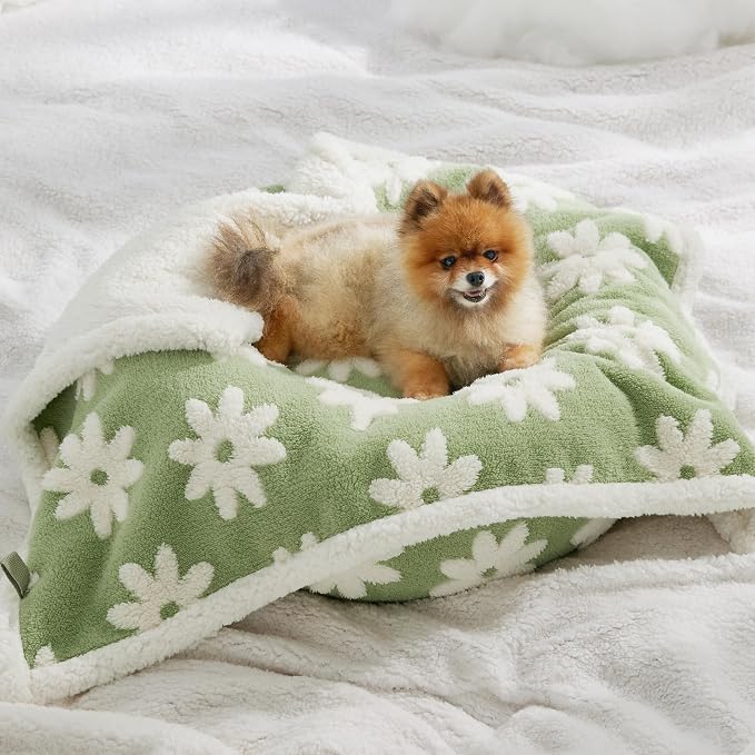 LE SURE Waterproof Dog Blankets for Small Dogs Cute Cozy 3D Jacquard,25x35 | Puppy Blanket for Cat Aesthetic Gift, Warm Soft Sherpa Throw Washable, Reversible Pet Couch Protector, Flower Garden Green