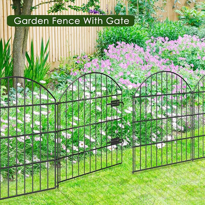 FOREHOGAR Metal Garden Fence with Gate 28in (H) x 37.3ft (L), 1 Gate + 15 Panels Dog Fences Border Fence Animal Barrier, No Dig Garden Fencing for Yard Backyard Landscape, ECG2816G Black