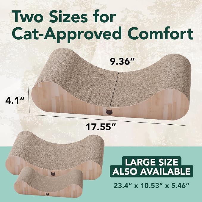 Necoichi Cardboard Cat Scratcher Bed for Indoor Cats - Cat Scratching Board, Horizontal Cat Scratch Pad Lounger with Reversible Usability and Extra Comfort for Lounge, Curved (18" Regular, Oak)