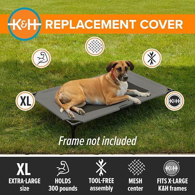 K&H Outdoor Elevated Dog Bed Pet Cot Replacement Cover, XL 50x32in, Gray | Designed to fit K&H XL Pet Cots (Sold Separately), Indoor Outdoor Dog Bed, Breathable Cooling Mesh Center, Machine Washable