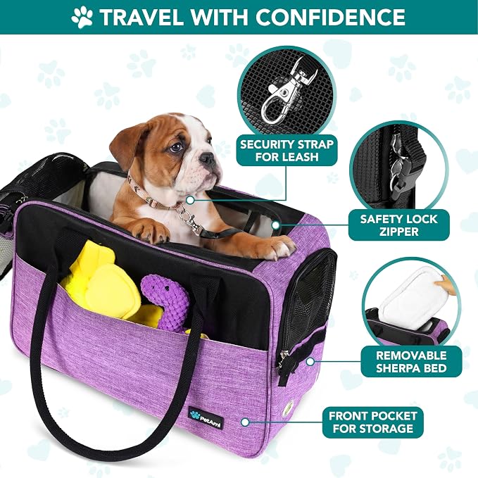 PetAmi Dog Purse Carrier for Small Dogs Cats, TSA Airline Approved Soft-Sided Pet Carrier with Pockets, Ventilated Travel Tote Bag with Bed & Shoulder Strap, Puppy Kitten, Max 12 lbs, Purple