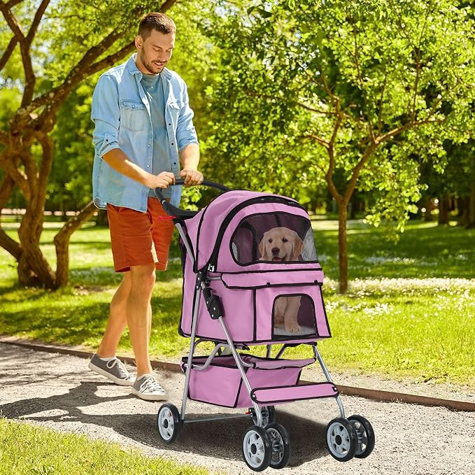 Pet Stroller for Small Medium Dogs & Cats, 4-Wheel Breathable Compact Foldable Dog Carrier with Storage Basket, Outdoor Portable Lightweight Travel Stroller for Camping,Pink