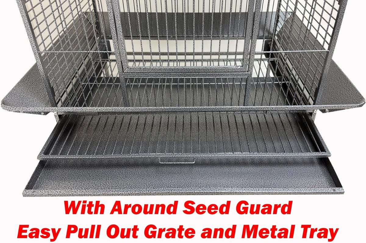 X-Large Elegant and Durable Wrought Iron Play Ground Perch Stand Top Climbing Ladder Bird Parrot Rolling Metal Cage with Around Seed Guard Storage Shelf On Heavy Duty Lockable Rolling Wheels