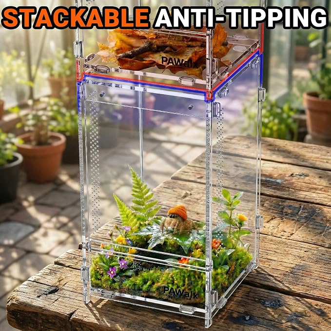 Jumping Spider Enclosure, Acrylic Terrarium with with Magnetic Doors, 0.8mm Micro-Ventilation, Stackable Escape-Proof Habitat for Jumping Spiders, Tarantulas & Small Reptiles, 7.9"x7.9"x13.4"