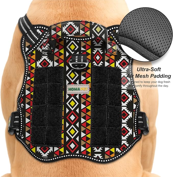 Homapet. Tactical Dog Harness with Dual Leash Attachment Points, Adjustable and Reflective Military Grade Dog Vest with Comfort Control Handle (Aztec, S)