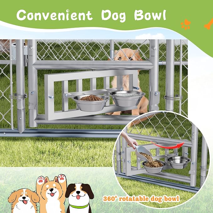 Grepatio 10x10 FT Outdoor Dog Kennel with Roof, Outside Dog Enclosure with 2 Rotating Feeder Bowls, Dog Kennel Dog Playpen Fence for Large Dogs with Secure Lock (10x10 FT)
