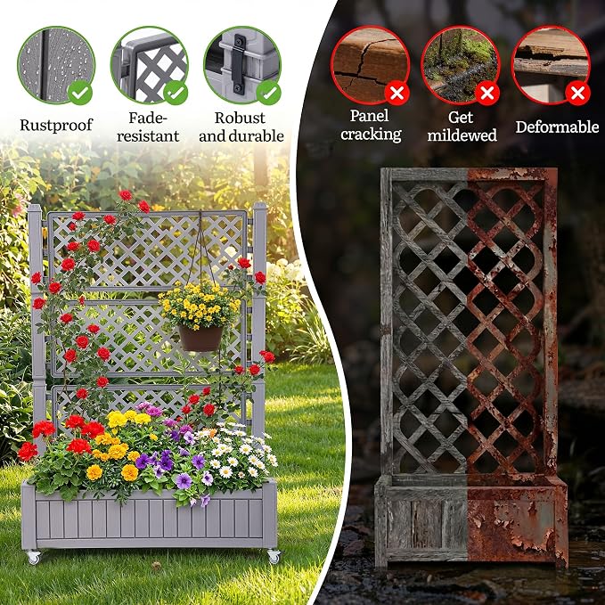 YITAHOME 42.5x14.2x61 in Planter Box with Trellis, All-Weather Raised Garden Bed with Wheels & Drain Plug, Outdoor Privacy Screen for Climbing Plants Flowers Herbs, Brown