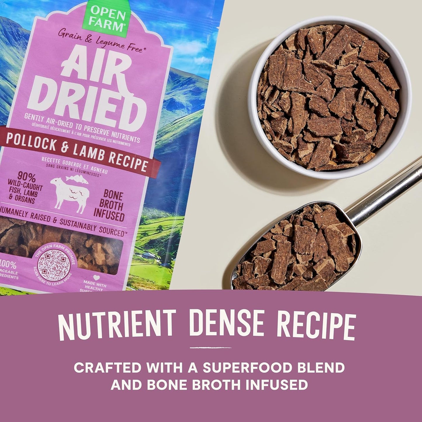 Open Farm, Air Dried Dog Food Infused with Bone Broth, Grain & Legume Free, Complete Meal or Food Topper, Pollock & Lamb Recipe, 2lb Bag