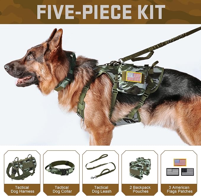 Forestpaw Tactical Dog Harness Collar Bungee Leash Set,M,Camo Green | Adjustable Fits 22-35" Chest,30-80 lbs,No Pull Control Military Style,Quick Release Buckle,Walking Training for Medium Dogs