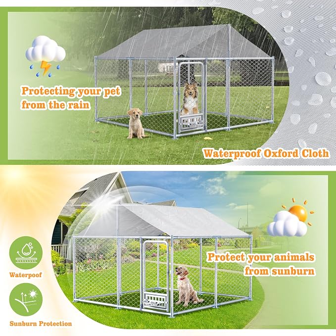Grepatio 7.5x7.5 FT Outdoor Dog Kennel with Roof, Outside Dog Enclosure with 2 Rotating Feeder Bowls, Dog Kennel Dog Playpen Fence for Large Dogs with Secure Lock (7.5x7.5 FT)
