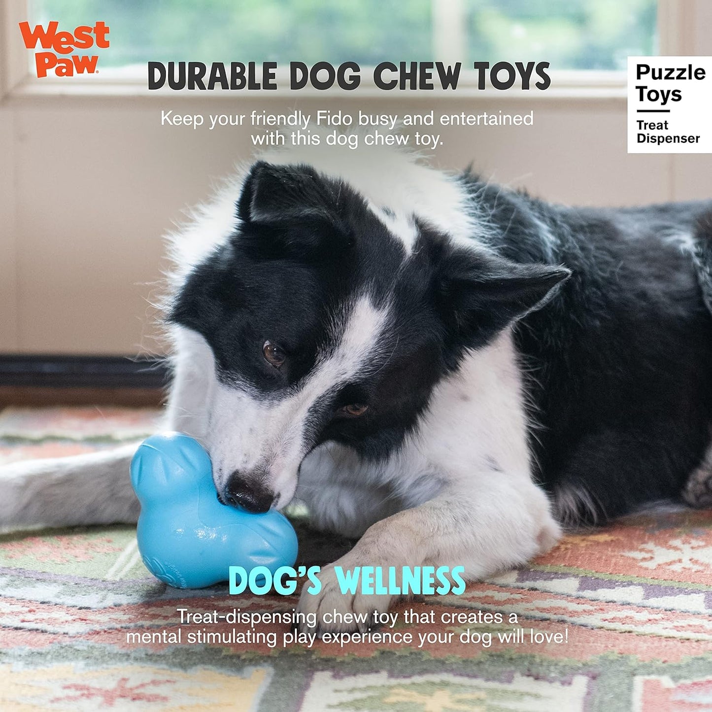 WEST PAW Zogoflex Tux Treat Dispensing Dog Chew Toy – Interactive Chewing Toy for Dogs – Dog Games for Aggressive Chewers, Fetch, Catch – Holds Kibble, Treats, Small 4", Aqua Blue