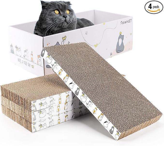 PatiencET Cat Scratch Pad with Box, 4 Pack Cardboard Cat Scratcher Lounge Bed for Indoor Cats, Reversible Corrugated Scratching Board Refill with Catnip