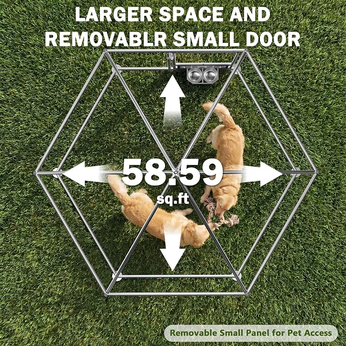 Dog Kennel Outdoor Enclosure with Roof, 6.9x6.9x5.9ft Heavy Duty Galvanized Steel Outside Dog Run with Adjustable Rotating Bowls for Yard, Medium Large Dogs