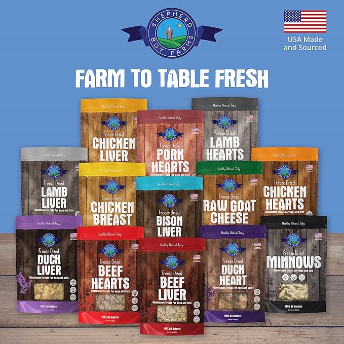 Shepherd Boy Farms Freeze Dried Dog and Cat Treats, Chicken Liver, All Natural Single Ingredient Freeze-Dried Dog Treat & Snacks, Made in USA, High Protein, Essential Nutrition Raw Food, 8oz