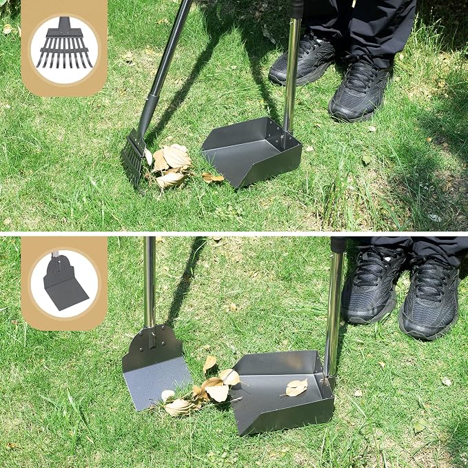 Dog Pooper Scooper, Dog Poop Tray and Rake Set with Long Stainless Handles | Pet Waste Removal Scoop with Adjustable Sectional Handles