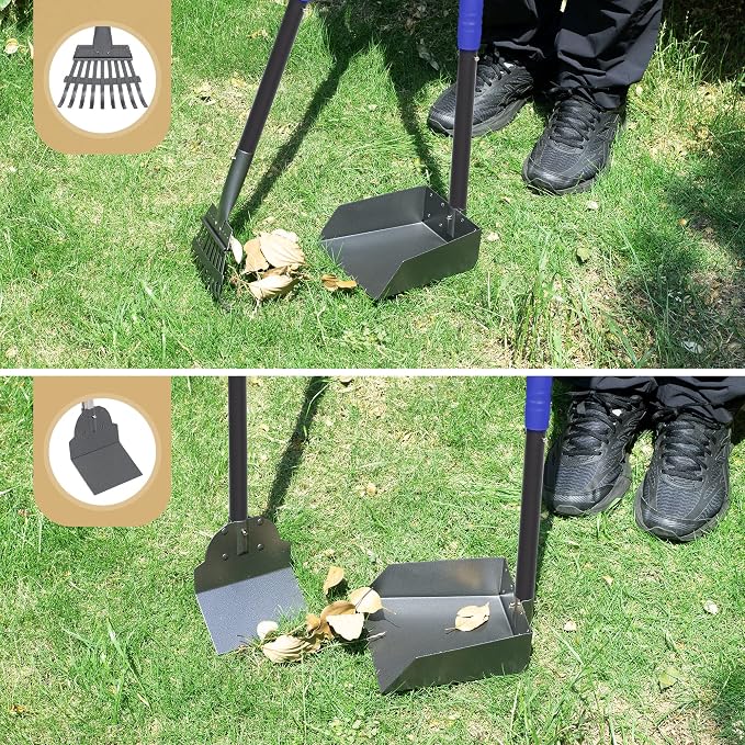 Dog Pooper Scooper, Dog Poop Tray and Rake Set with Long Stainless Handles | Pet Waste Removal Scoop with Adjustable Sectional Handles
