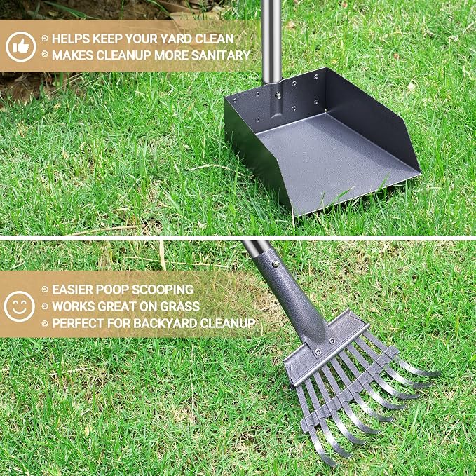 Dog Pooper Scooper, Dog Poop Tray and Rake Set with Long Stainless Handles | Pet Waste Removal Scoop with Adjustable Sectional Handles