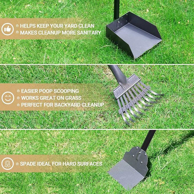 Dog Pooper Scooper, Dog Poop Tray and Rake Set with Long Stainless Handles | Pet Waste Removal Scoop with Adjustable Sectional Handles