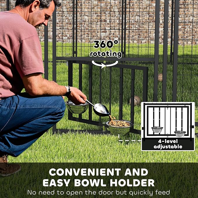 PawHut 10' x 10' x 6' Outdoor Dog Kennel with 360° Rotating Bowls, Sliver | Welded Wire Dog Kennel Outside Run, Waterproof & UV Resistant Cover, for S&M&L Breeds, Chickens & Ducks