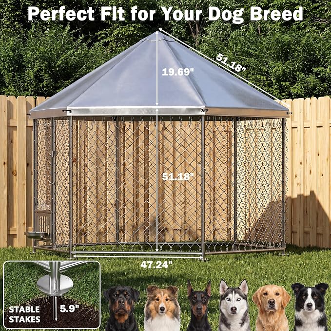 Dog Kennel Outdoor Enclosure with Roof, 6.9x6.9x5.9ft Heavy Duty Galvanized Steel Outside Dog Run with Adjustable Rotating Bowls for Yard, Medium Large Dogs