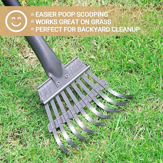 Dog Pooper Scooper, Dog Poop Tray and Rake Set with Long Stainless Handles | Pet Waste Removal Scoop with Adjustable Sectional Handles